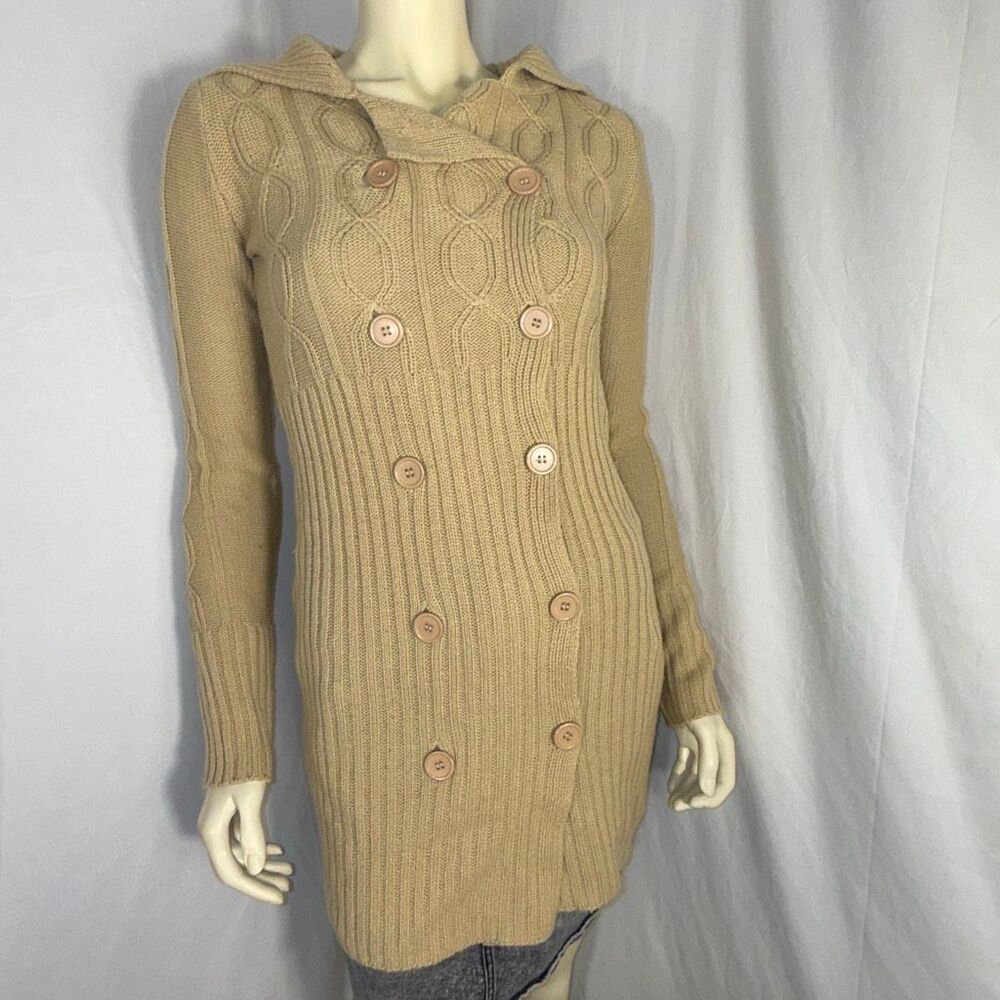 Vintage Derek‎ Heart Camel Cable-Knit Sweater Coat | Longline Button-Up Cardigan